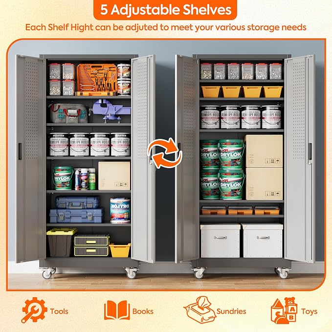Garage Storage Cabinet with Wheels and Pegboard, Assembly Required - Image 4