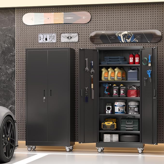 Garage Storage Cabinet with Wheels and Pegboard, Assembly Required - Image 2
