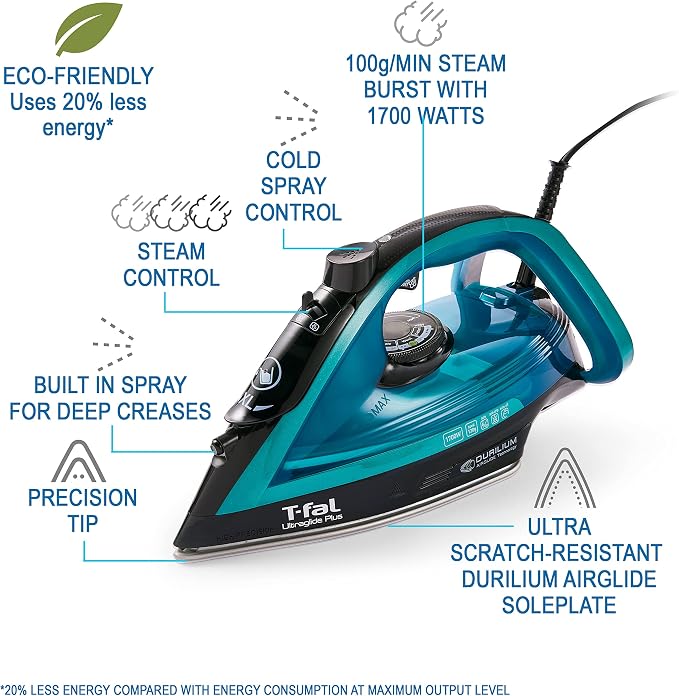 T-Fal Ultraglide Steam Iron for Clothes Durilium Soleplate, Precision Tip - Image 2
