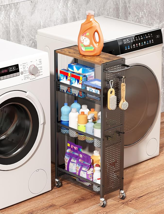 Utility Slim Storage Cart 4 Tier Small Rolling Kitchen Laundry Room by Beeowner
