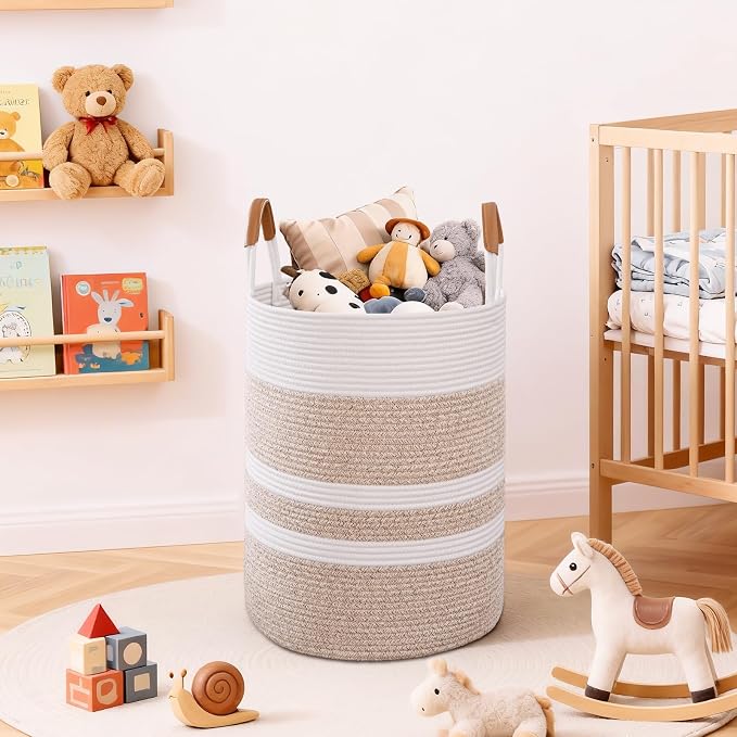 60L Striped Laundry Basket, Woven Cotton Rope Storage Bin - Image 6