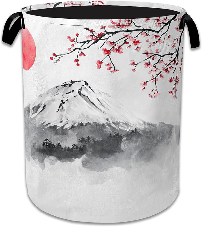 Japanese Mountain Sun Laundry Basket, Foldable Oxford Cloth Cherry Blossoms by Unknown
