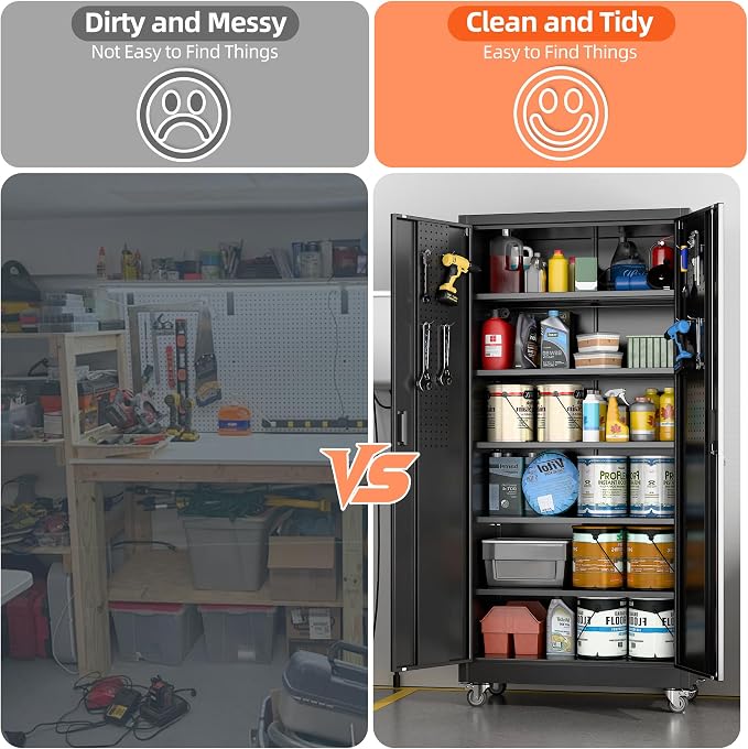Garage Storage Cabinet with Wheels & Pegboard, Lockable Metal Storage Cabinet - Image 6