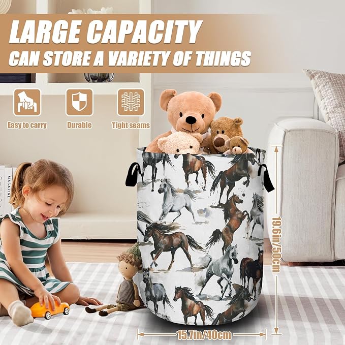 Watercolor Horse Laundry Basket, Foldable Waterproof Laundry Hamper Tote Bag - Image 2