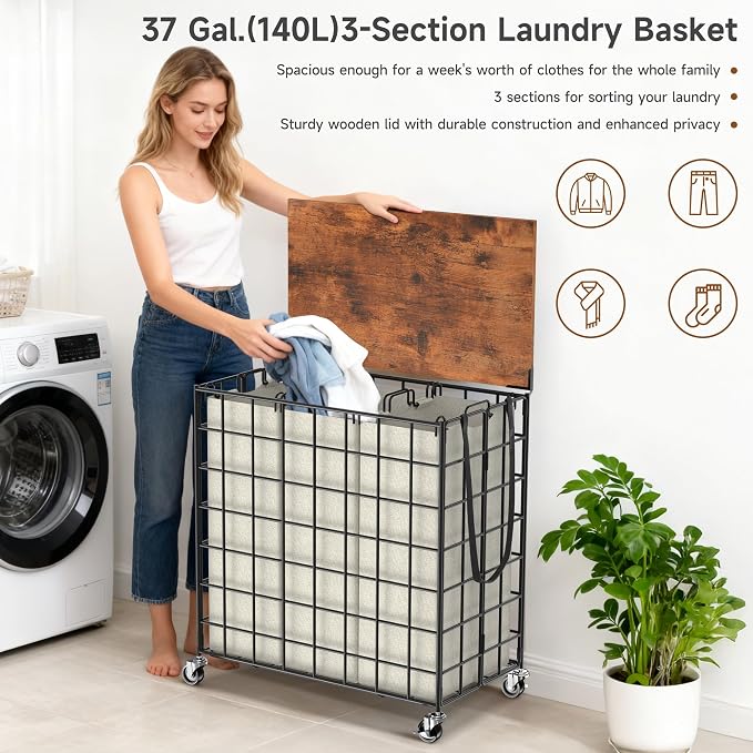 Laundry Basket with Wheels, Heavy Duty Laundry Sorter 3 Sections, 140L Large - Image 5