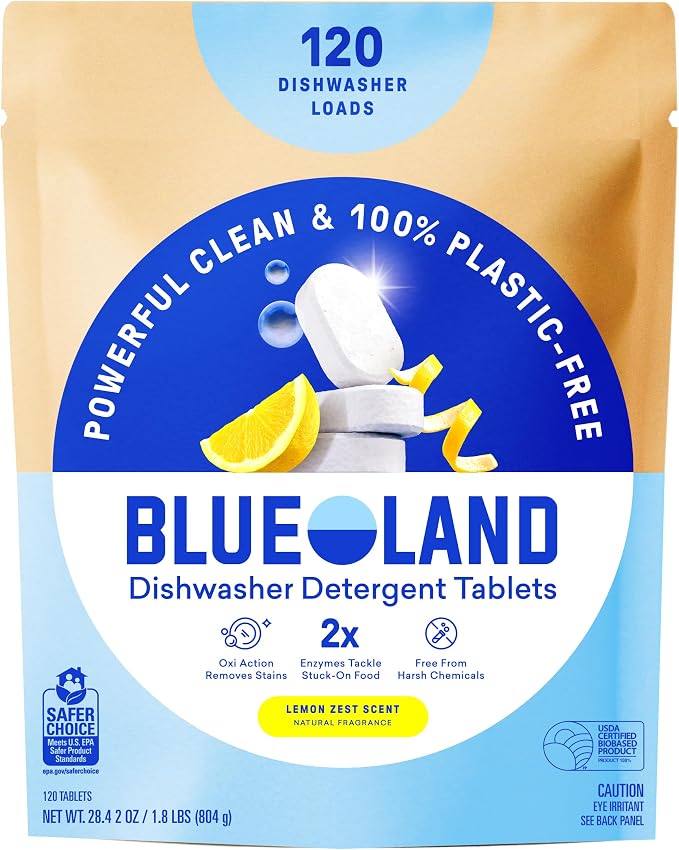 BLUELAND 100% Plastic-Free Dishwasher Detergent Tablets, Lemon Zest Scent by BLUELAND