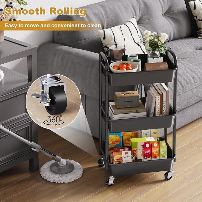 3 Tier Rolling Cart with Wheels, Small Utility Storage Trolley - Image 3
