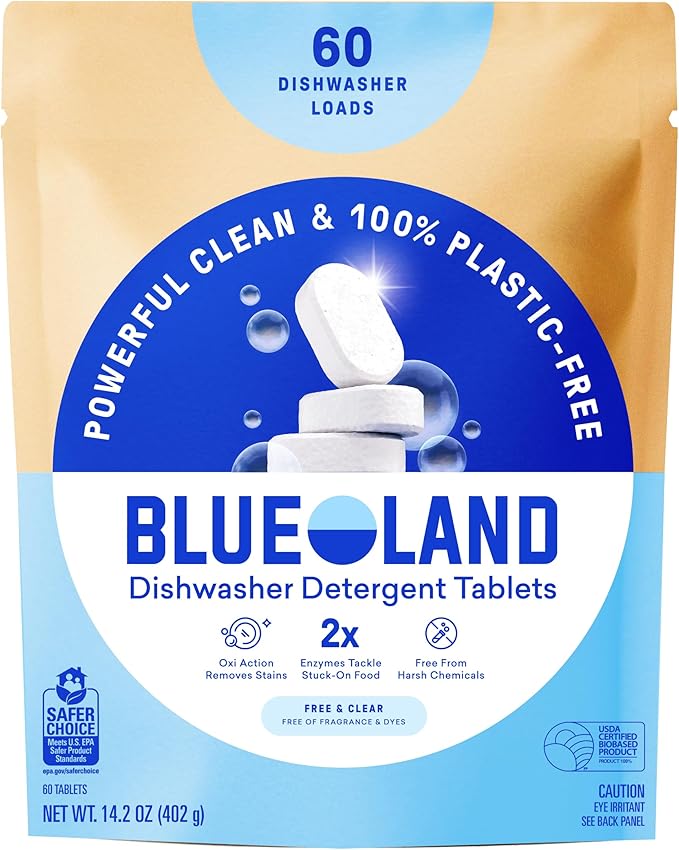 BLUELAND 100% Plastic-Free Dishwasher Detergent Tablets, Free & Clear, by BLUELAND
