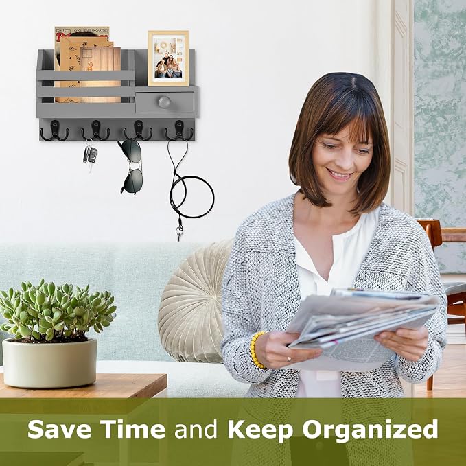 Key Holder Wall Mount, Wooden Adhesive Mail and Key Organizer - Image 2