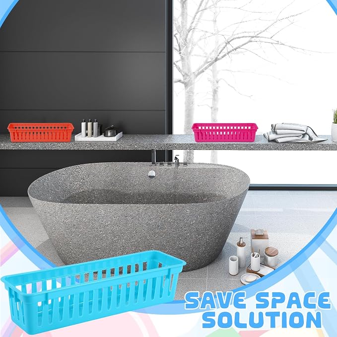 12 Pcs Colorful Slim Plastic Storage Baskets Tray 10 x 3 x 2.5 Inch Compact - Image 5