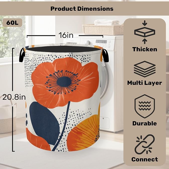 Modern Minimalist Red Flowers Foldable Canvas Laundry Basket - Image 2