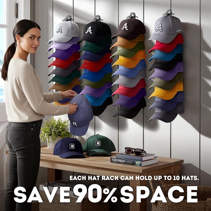 2 Pack Hat Organizer for Baseball Caps, Hat Rack for Wall Hold Up to 20 Hats - Image 7