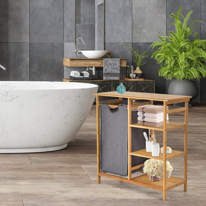 Giantex Bamboo Laundry Hamper Stand, Freestanding Laundry Organizer w/Removable - Image 5