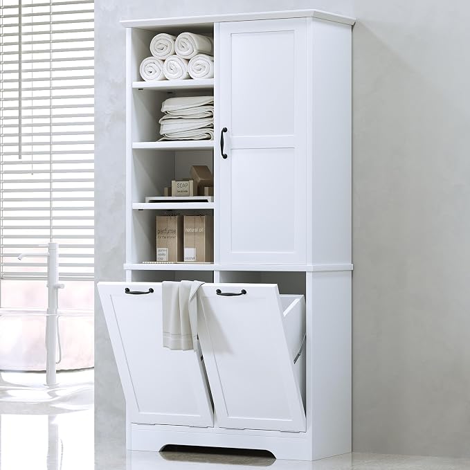 Merax Cabinet with Tilt-Out Laundry Hamper Basket, Tall Bathroom Storage - Image 5