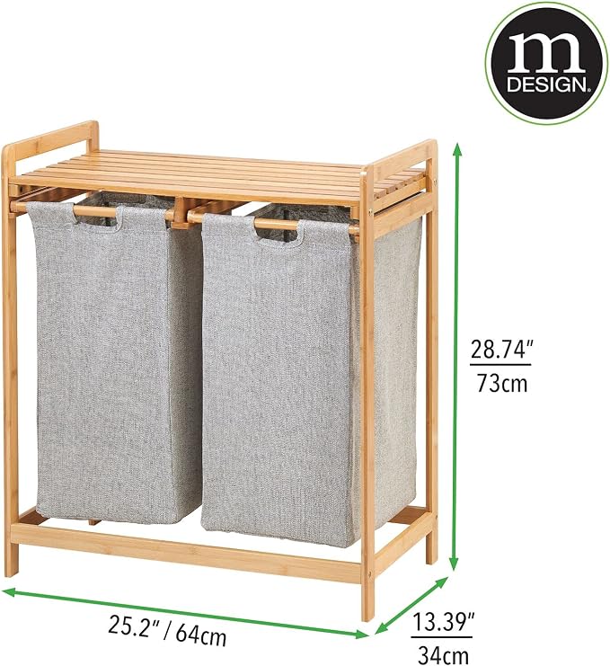 mDesign Freestanding Bamboo 2 Section Double Laundry Organizer Hamper - Image 8
