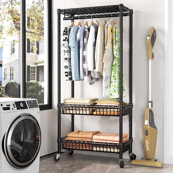 Heavy Duty Clothes Rack Rolling Garment Rack, 3 Tier Adjustable Wire Shelving - Image 2