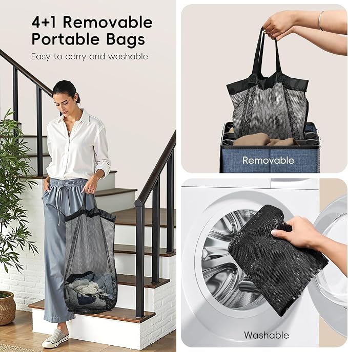 Laundry Hamper 4-Section with Lid, 185L Laundry Sorter with 4 Removable Bags + - Image 5