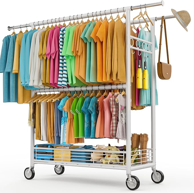 Heavy Duty Clothes Rack Load 960LBS, Three Rods Rolling Clothing Racks by Unknown