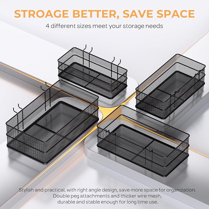 INCLY 4 Pack Upgrade Pegboard Baskets, 4 Sizes Square Style Metal Mesh Pegboard - Image 6