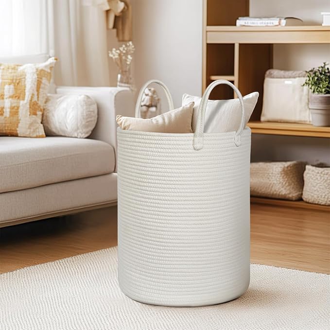 Large White Laundry Basket, XL Cotton Rope Toy Bin - Image 7