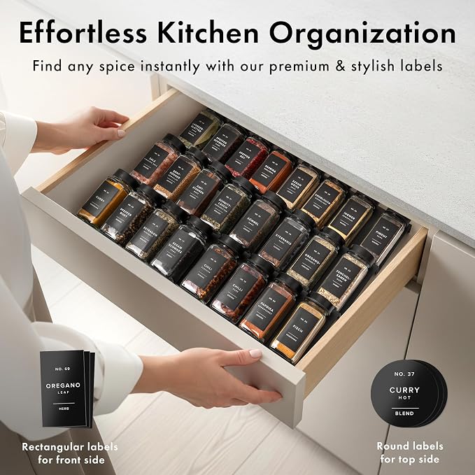 Glass Spice Jars with Label and Black Lids Spice Containers with 240 Labels - Image 3