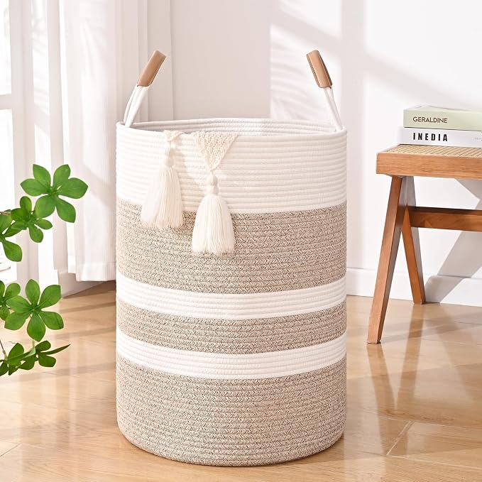 90L Striped Laundry Basket, Woven Cotton Rope Storage Bin by Degeyoyo