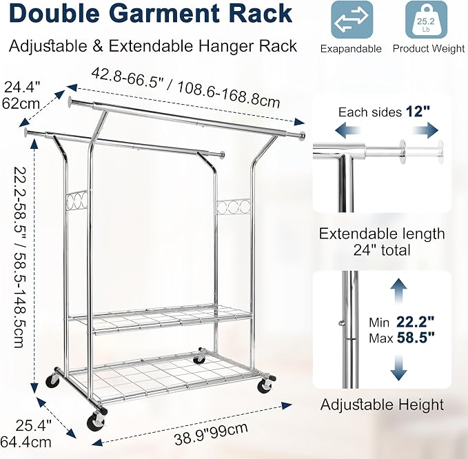 Whitmor Heavy Duty Adjustable Garment Rack-Rolling Clothes Organizer - Image 2