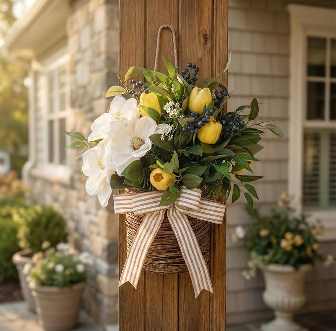 20" Spring Easter Floral Basket Wreath - Image 6