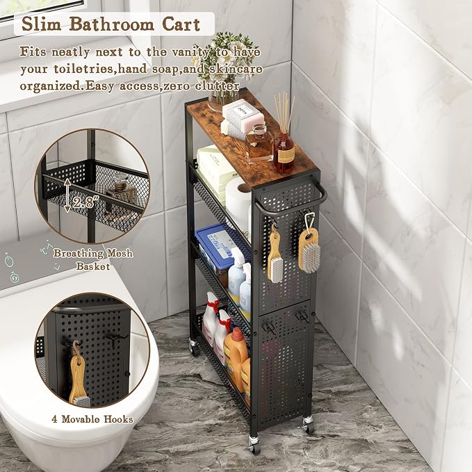 Utility Slim Storage Cart 4 Tier Small Rolling Kitchen Laundry Room - Image 7
