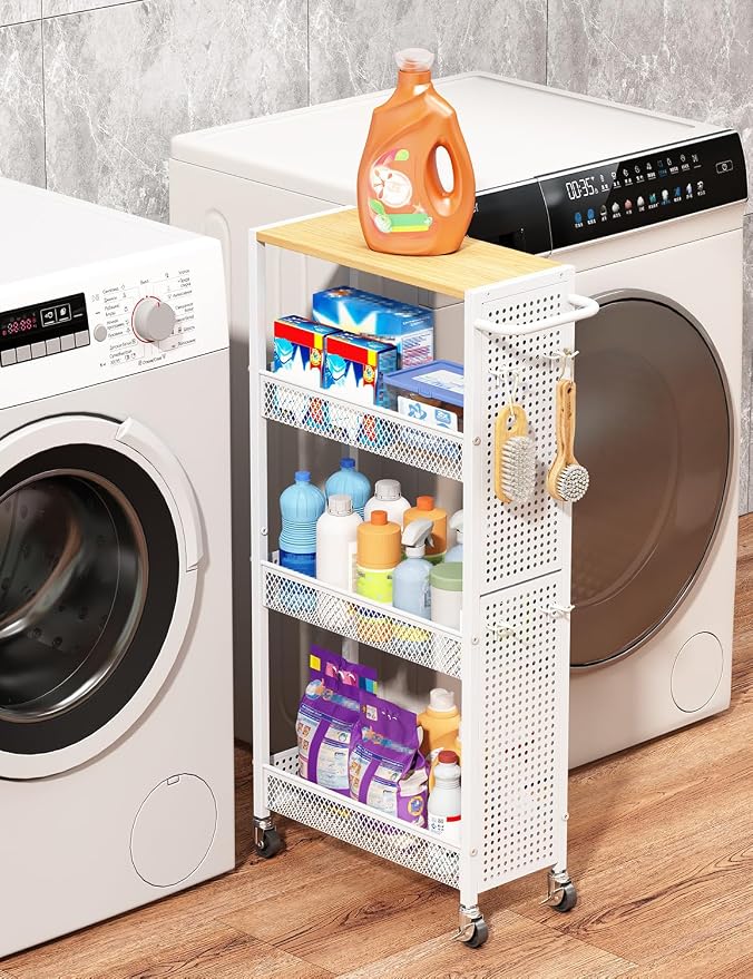 Utility Slim Storage Cart 4 Tier Small Rolling Kitchen Laundry Room by Beeowner