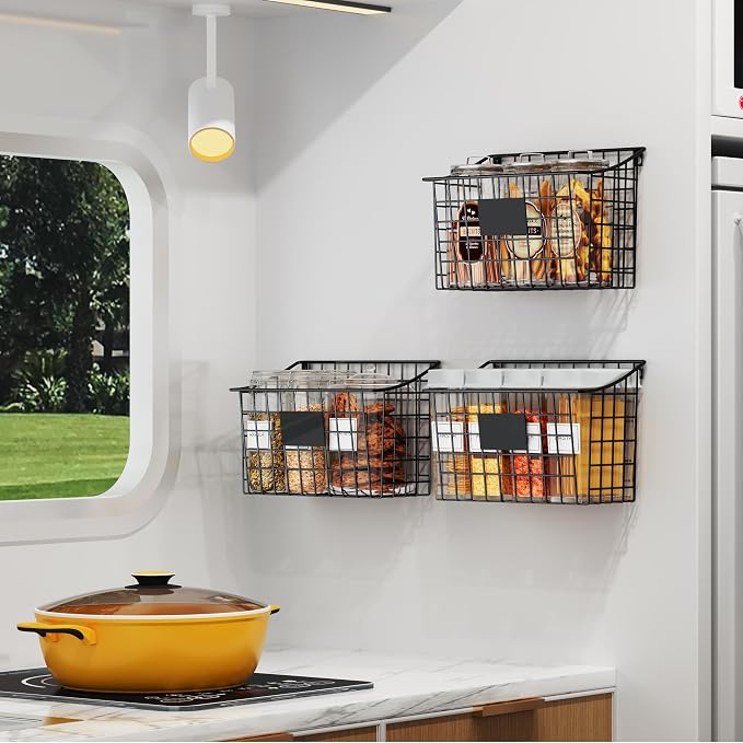 Wall Mounted Bin Basket with 5 Hooks 3 Label Plate Adhesive-3 Pack, Cabinet - Image 5