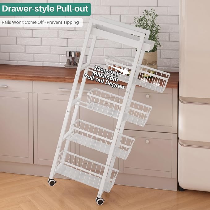 5-Tier Slim Storage Cart with Pull Out Basket, Lockable Wheels, Mobile Utility - Image 4