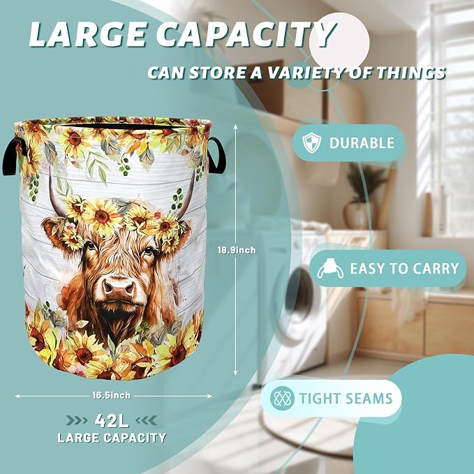 Sunflower Highland Cow Laundry Basket Foldable - Image 2