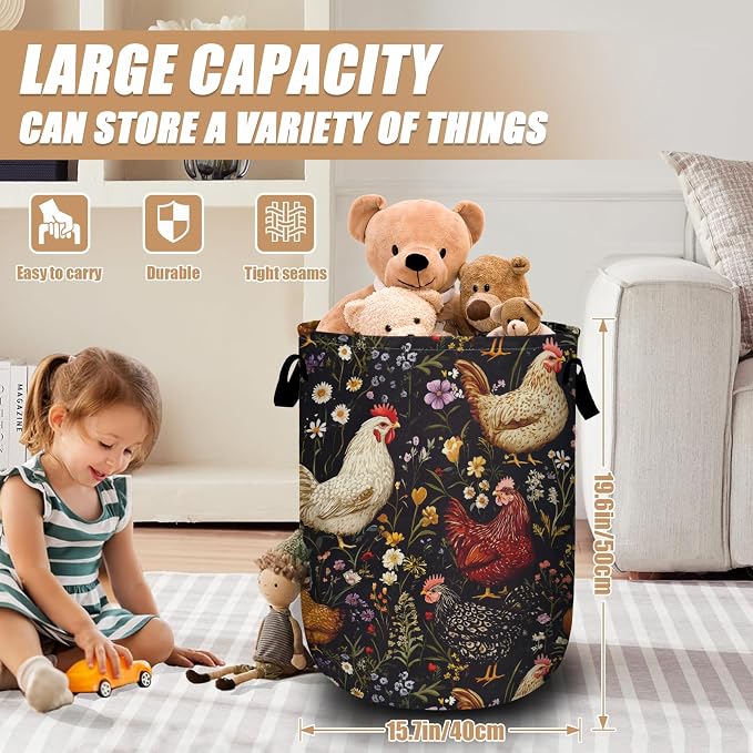 Retro Rooster Flower Laundry Basket, Chicken Laundry Hamper Tote Bag Dirty - Image 2