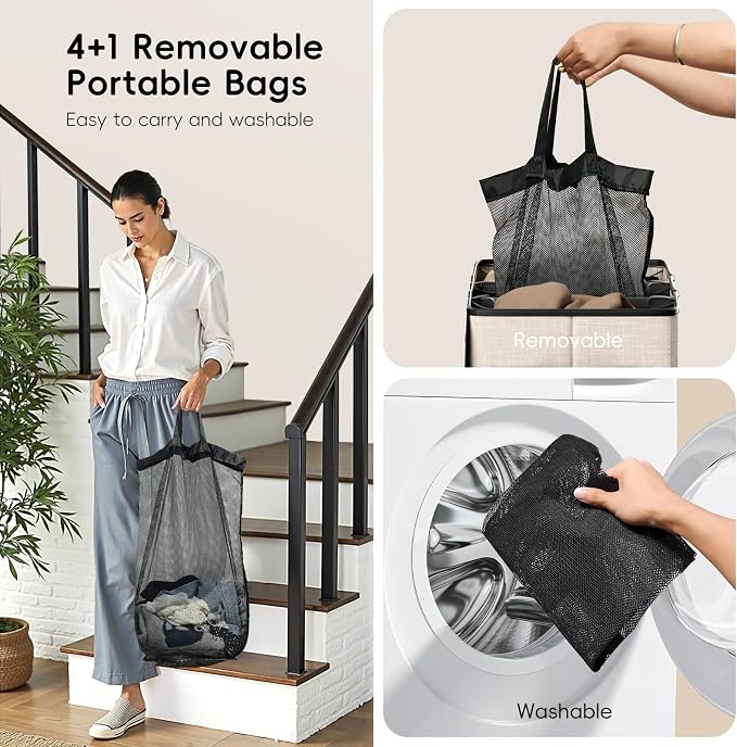 Laundry Hamper 4-Section with Lid, 185L Laundry Sorter with 4 Removable Bags + - Image 5