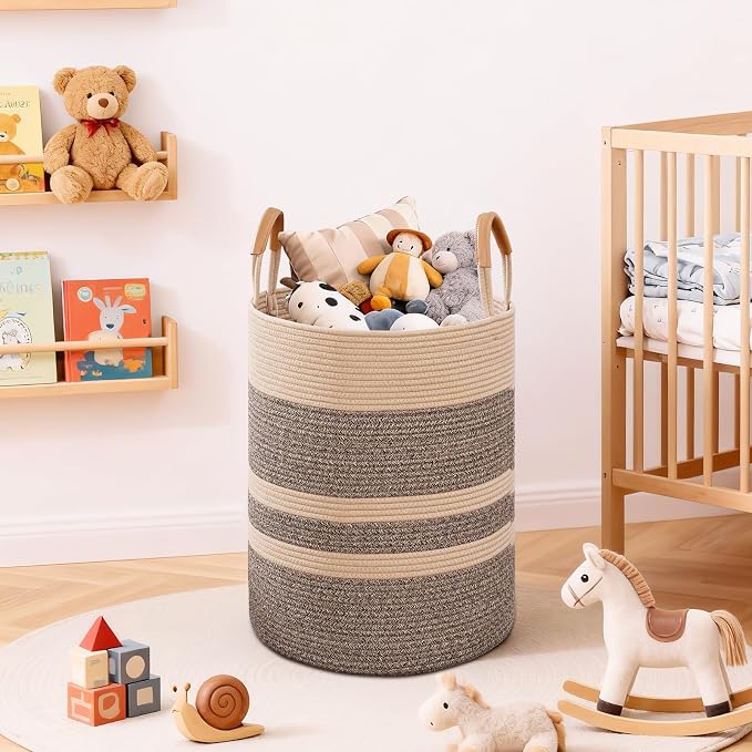 90L Striped Laundry Basket, Dark Brown Laundry Hamper - Image 5