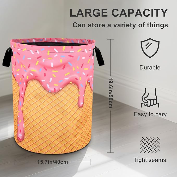 Pink Ice Cream Laundry Basket Foldable Oxford Cloth Tote Bag Laundry Hamper - Image 3