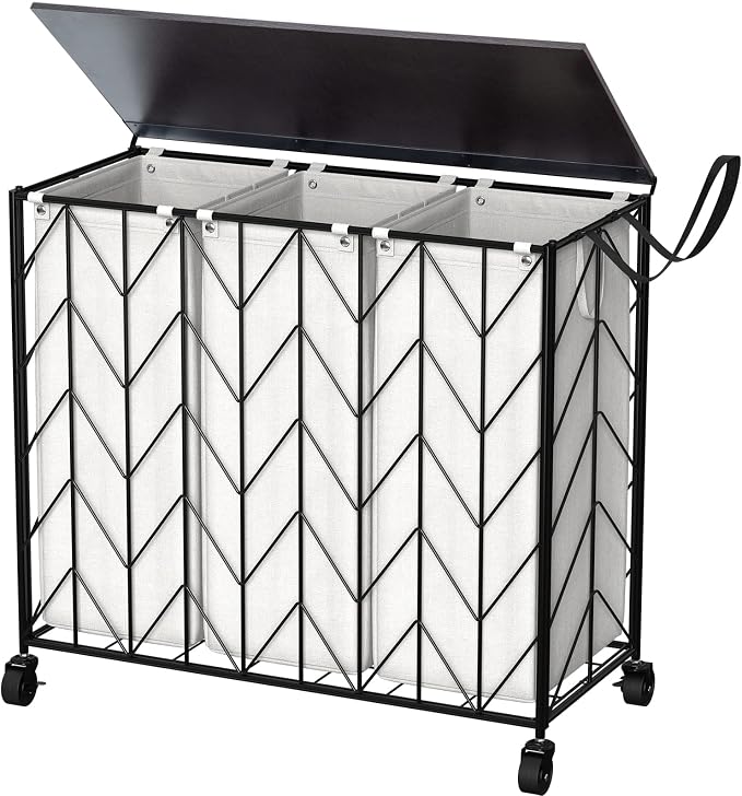 WOWLIVE Laundry Basket with Wheels, 142L Laundry Hamper 3 Section with Lid by WOWLIVE