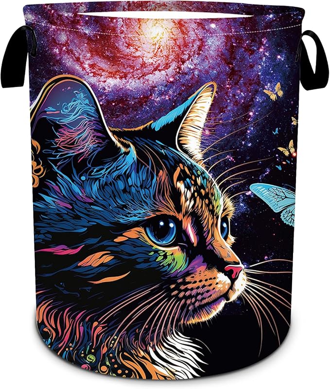 Cat Galaxy Space Laundry Basket, Foldable Waterproof Oxford Cloth Purple by SLHFDKL