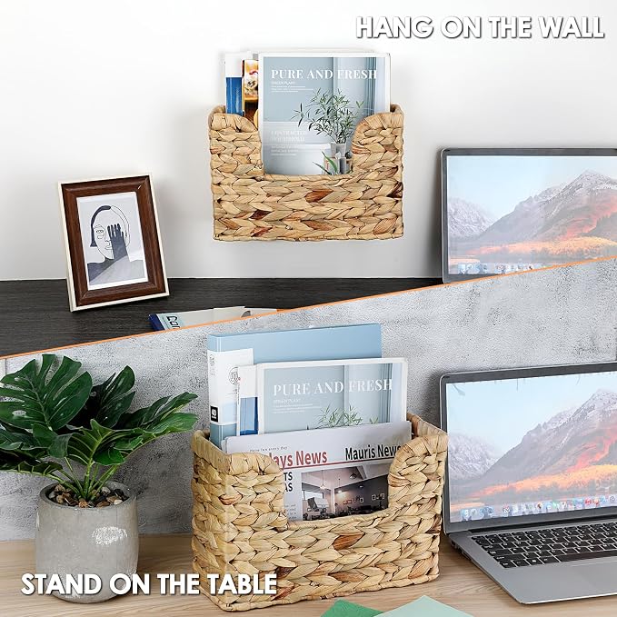 BTSKY Woven Hanging Magazine Holder, Water Hyacinth Magazine Basket, Wall - Image 2