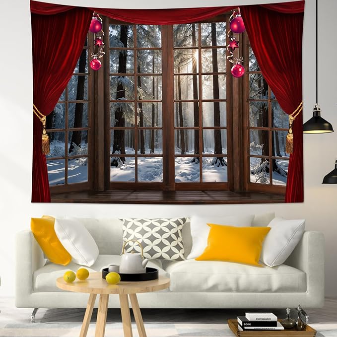 LB Christmas Winter Tapestry, Window Outside Snowy Pine Tree in Forest Wall - Image 3