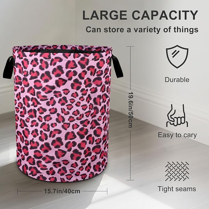 Pink Leopard Laundry Basket Foldable Oxford Cloth Tote Bag Laundry Hamper - Image 3