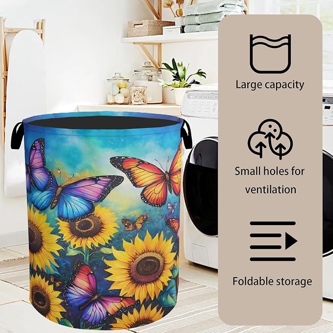 Butterfly Sunflower Laundry Basket, Heavy Duty 60L Dirty Clothes Hamper - Image 7