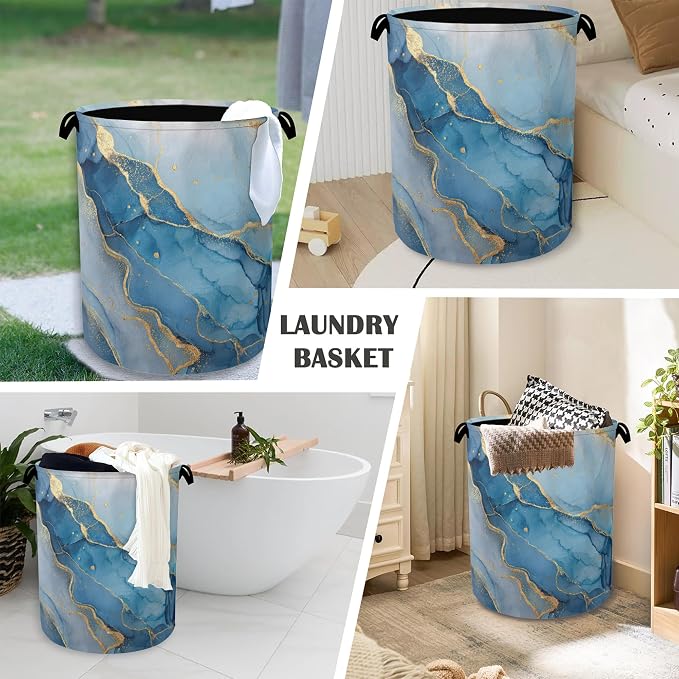 Blue Gold Marble Laundry Basket, Foldable - Image 4