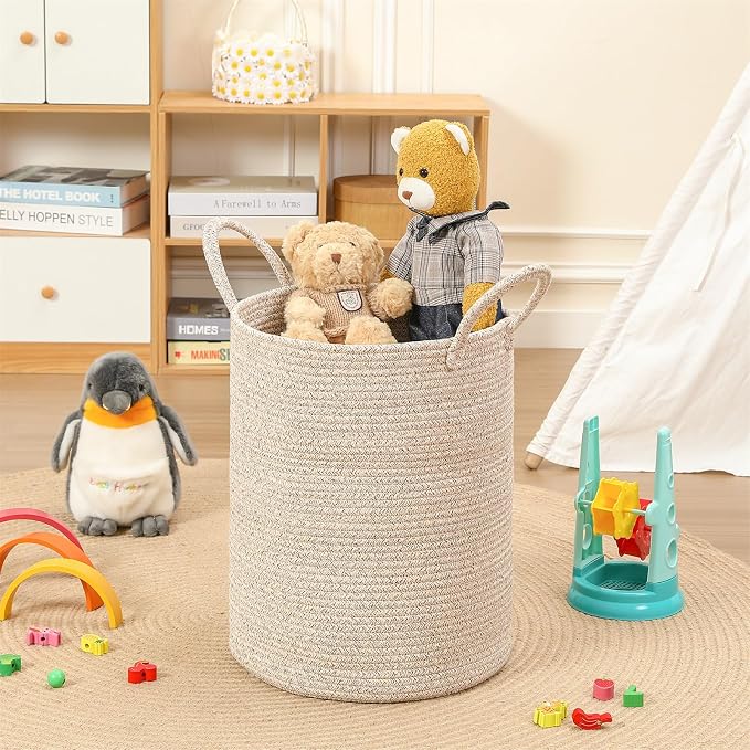 60L Large Woven Laundry Basket Hamper, 100% Natural Cotton Rope, Handwoven & - Image 3