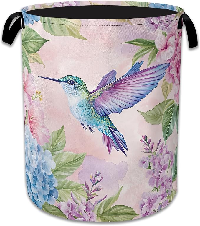 Hummingbird Laundry Basket, Foldable Oxford Cloth Pink Flower Laundry Hamper by Unknown