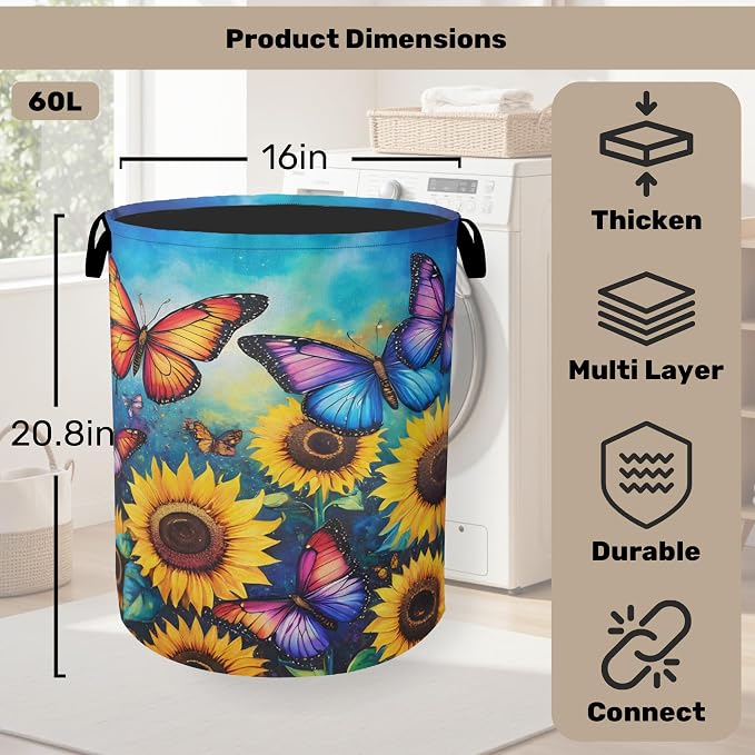 Butterfly Sunflower Laundry Basket, Heavy Duty 60L Dirty Clothes Hamper - Image 2