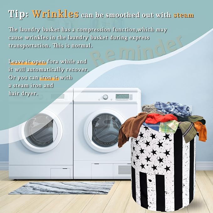 Retro Black and White American Flag Laundry Hamper USA Flag Laundry Basket - Image 6