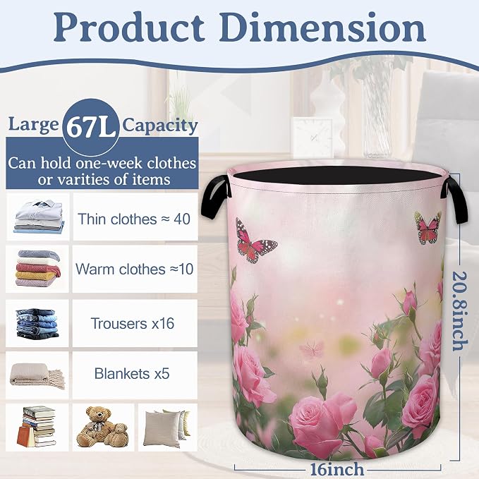Butterfly Laundry Basket, Oxford Cloth Pink Rose Laundry Hamper - Image 2