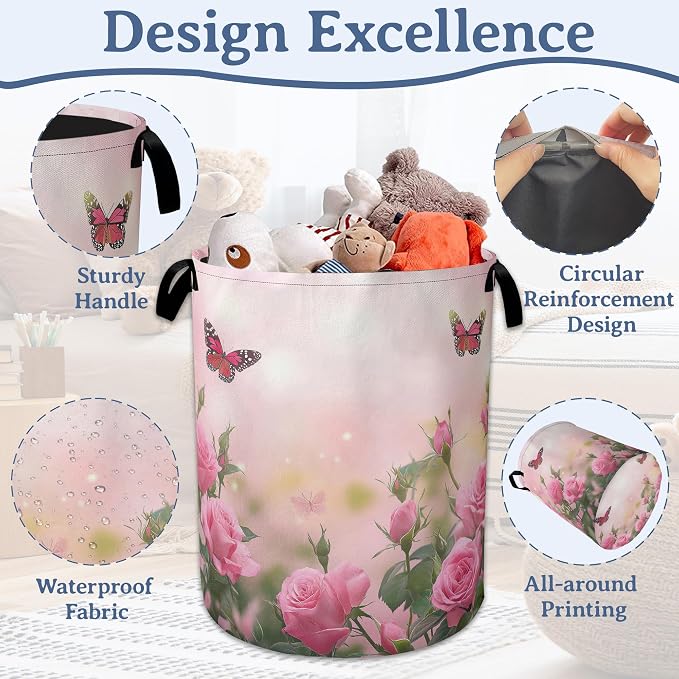 Butterfly Laundry Basket, Oxford Cloth Pink Rose Laundry Hamper - Image 4